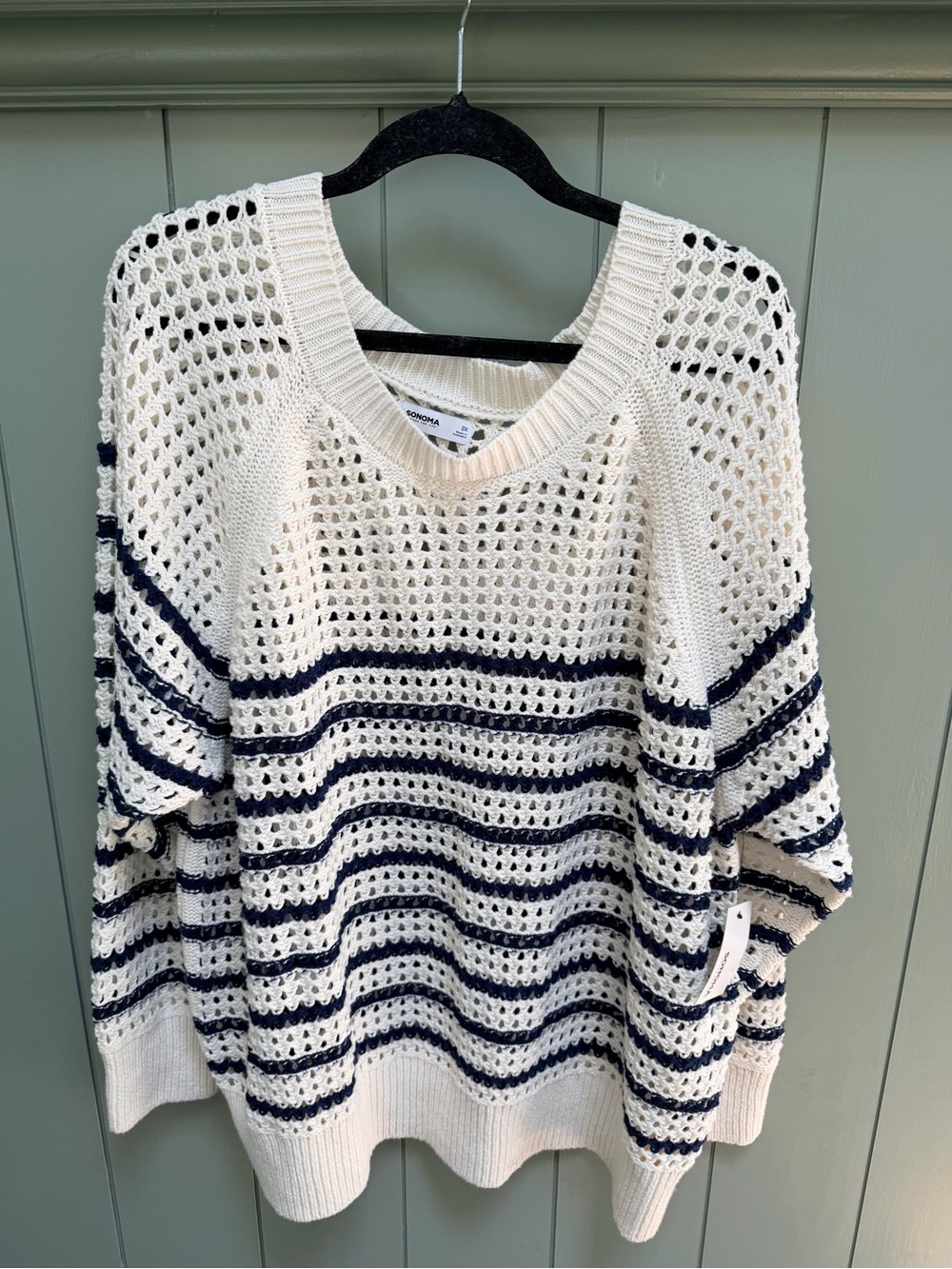 Sonoma Open-Knit Striped Crewneck Sweater - White & Navy